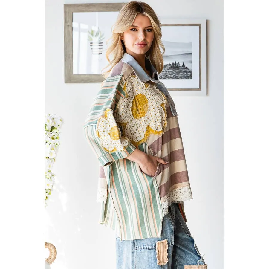 Taupe Green Flower Patchwork Multicolor Striped Oli Hali Top