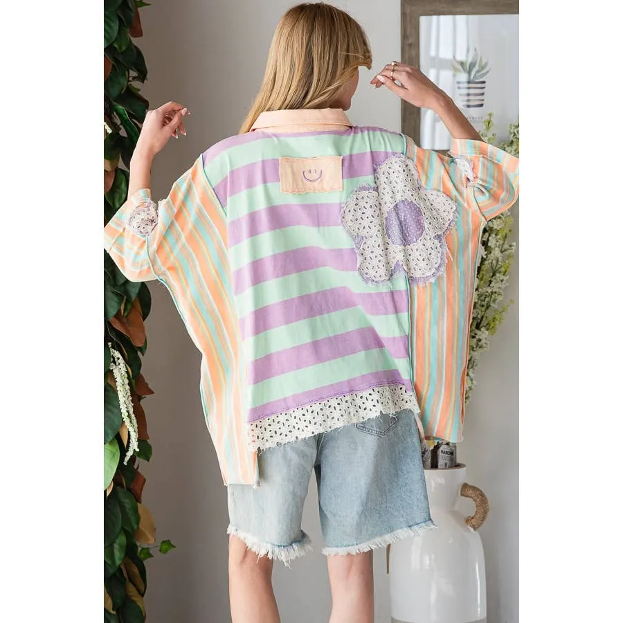 Taupe Green Flower Patchwork Multicolor Striped Oli Hali Top