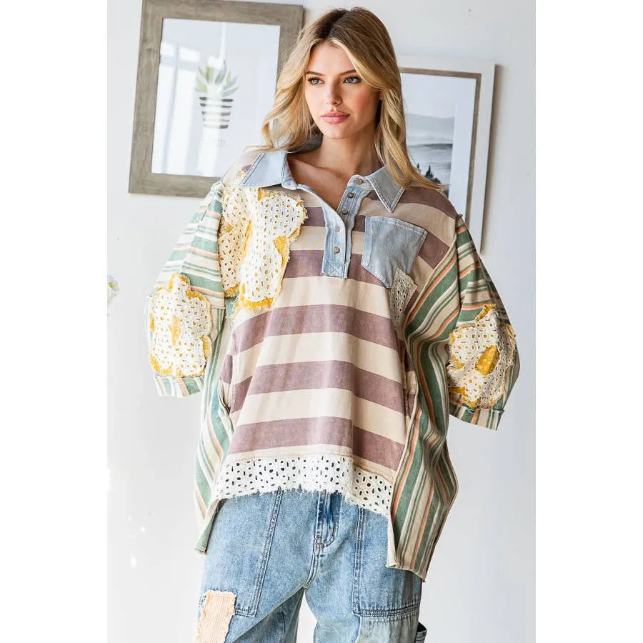 Taupe Green Flower Patchwork Multicolor Striped Oli Hali Top
