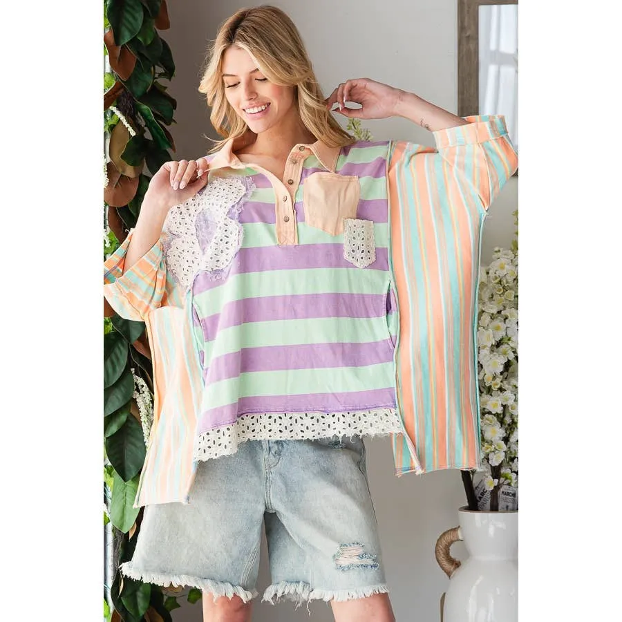 Taupe Green Flower Patchwork Multicolor Striped Oli Hali Top