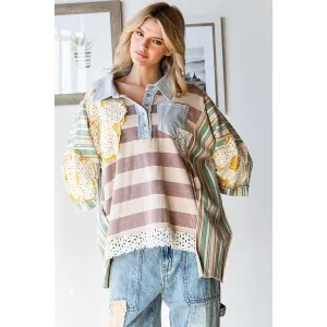 Taupe Green Flower Patchwork Multicolor Striped Oli Hali Top