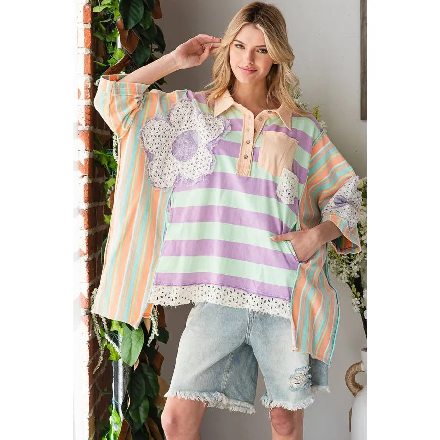 Taupe Green Flower Patchwork Multicolor Striped Oli Hali Top
