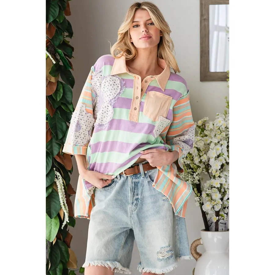 Taupe Green Flower Patchwork Multicolor Striped Oli Hali Top