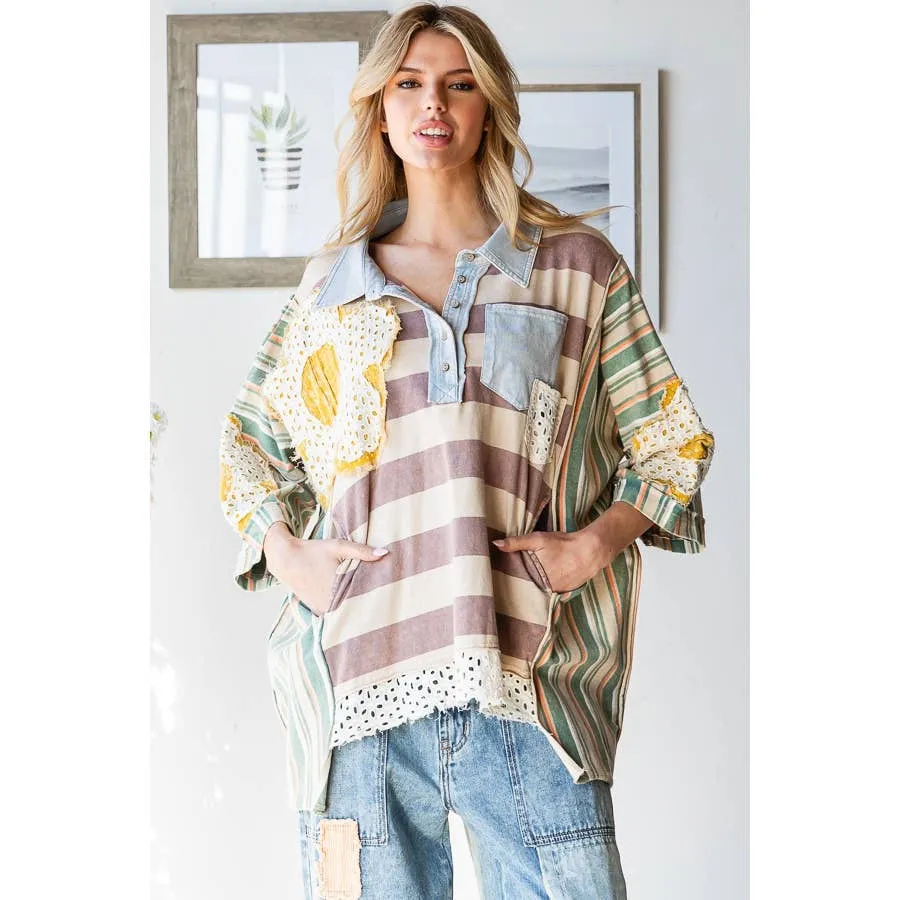 Taupe Green Flower Patchwork Multicolor Striped Oli Hali Top