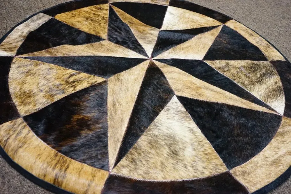 Texas Star Round Cowhide Patchwork Rug