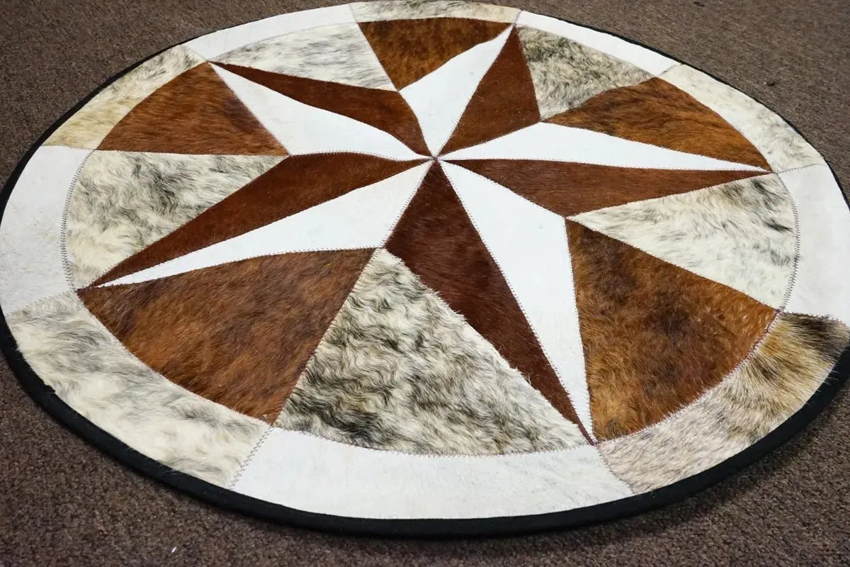 Texas Star Round Cowhide Patchwork Rug