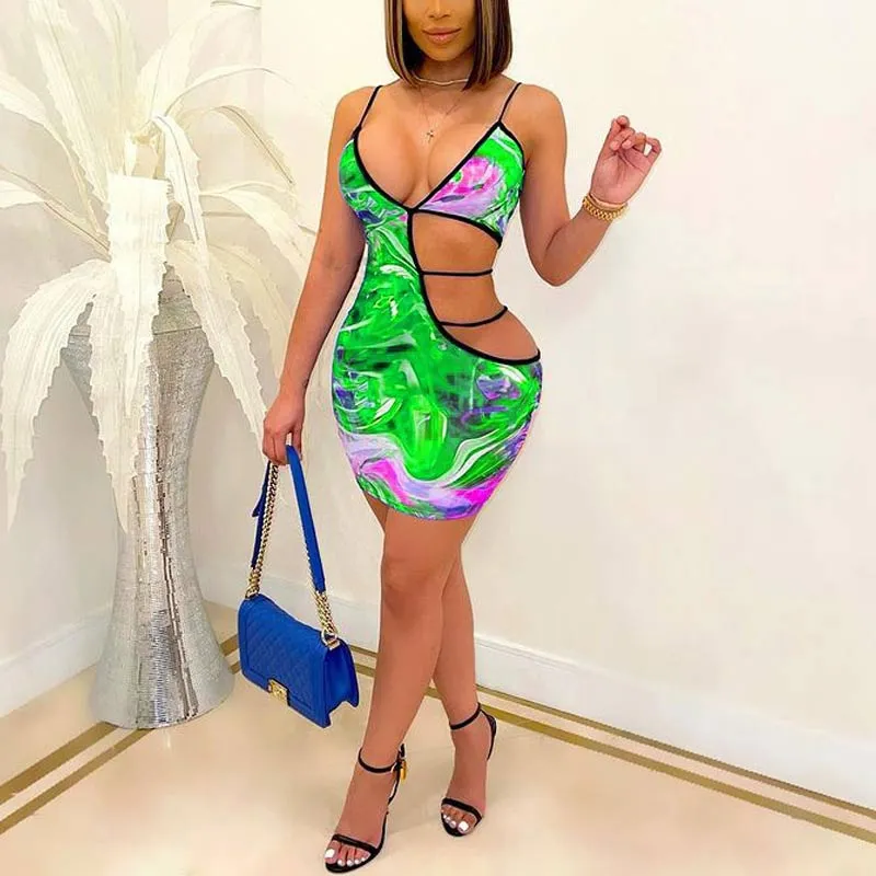 Tie Dye Print Deep V-Neck Hollow Out Bodycon Dress