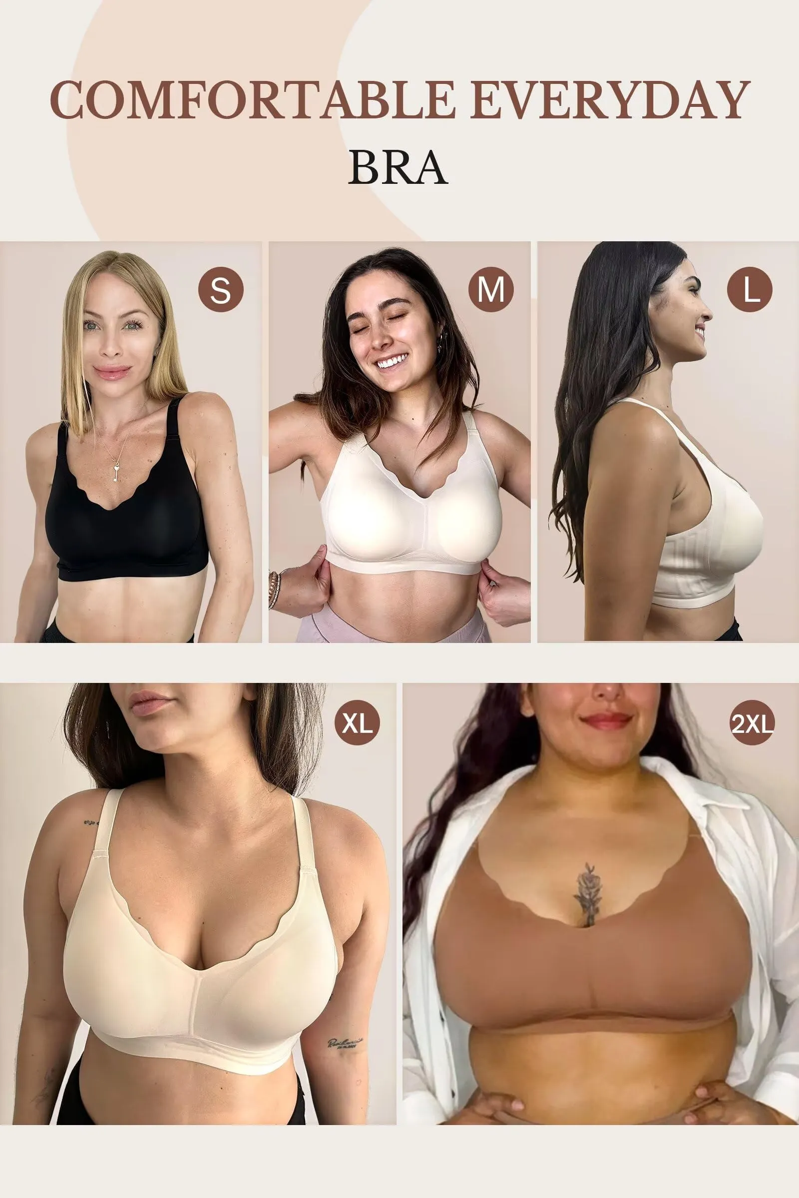 Vertvie Women's Seamless Bras No Underwire Scalloped Push Up Bras Soft Wireless Comfort Bralettes Full Coverage Everyday Bra (Skin,Large)