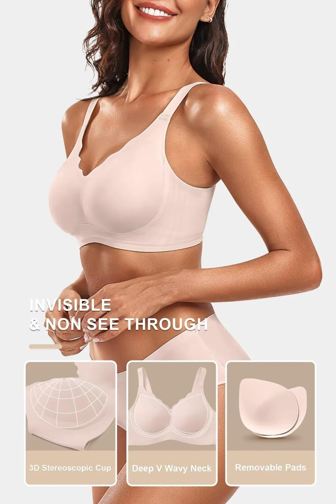 Vertvie Women's Seamless Bras No Underwire Scalloped Push Up Bras Soft Wireless Comfort Bralettes Full Coverage Everyday Bra (Skin,Large)