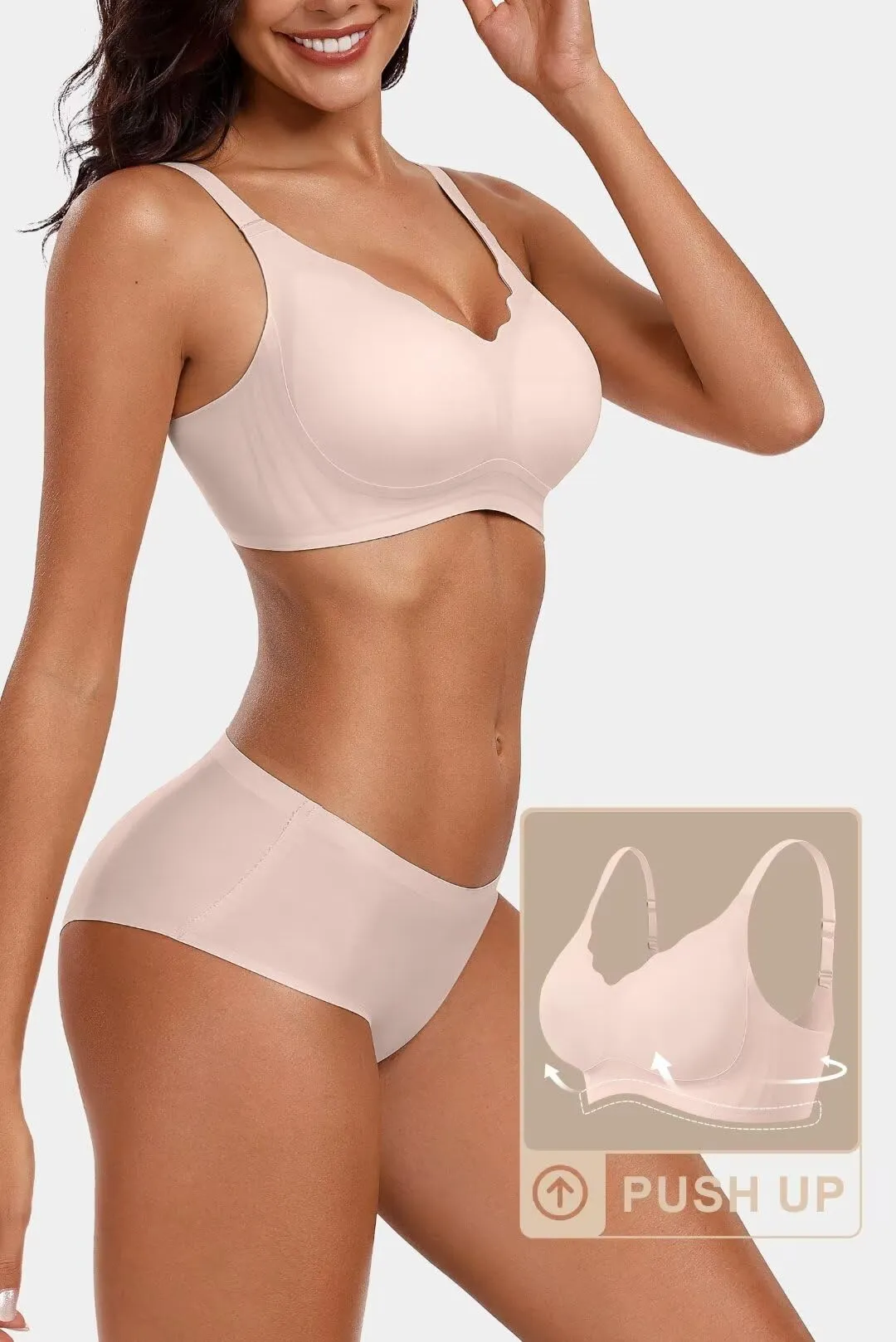 Vertvie Women's Seamless Bras No Underwire Scalloped Push Up Bras Soft Wireless Comfort Bralettes Full Coverage Everyday Bra (Skin,Large)