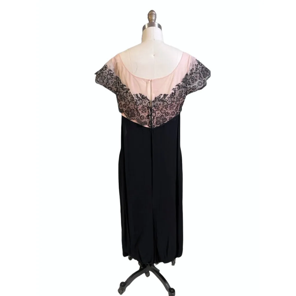Vintage Black /Pink Rayon & Lace Cocktail Hobble Dress Wiggle Train 1950s 40-30-43