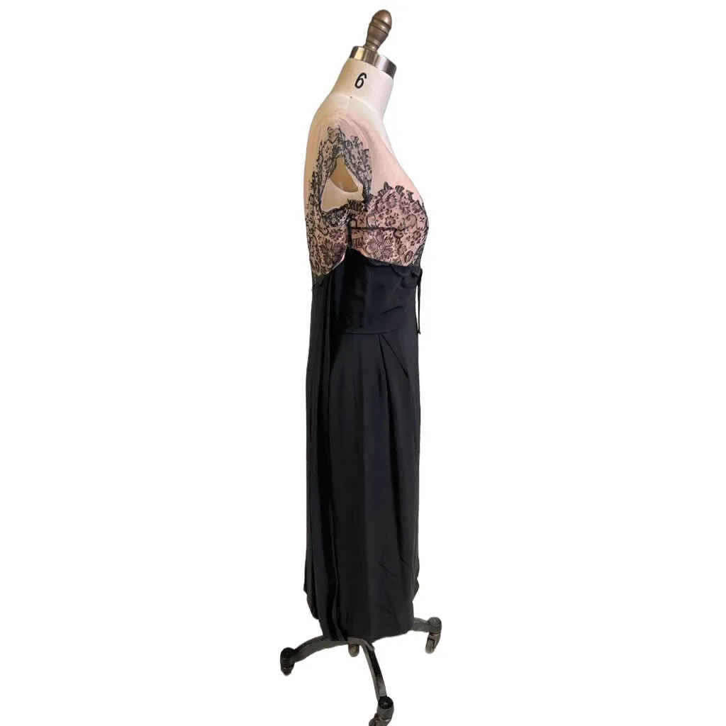 Vintage Black /Pink Rayon & Lace Cocktail Hobble Dress Wiggle Train 1950s 40-30-43
