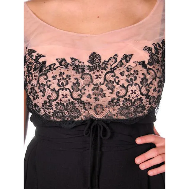Vintage Black /Pink Rayon & Lace Cocktail Hobble Dress Wiggle Train 1950s 40-30-43