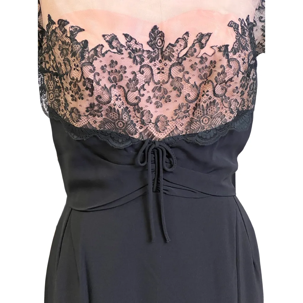 Vintage Black /Pink Rayon & Lace Cocktail Hobble Dress Wiggle Train 1950s 40-30-43