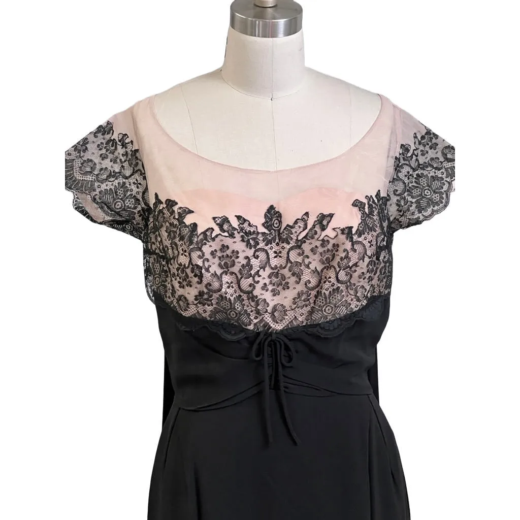 Vintage Black /Pink Rayon & Lace Cocktail Hobble Dress Wiggle Train 1950s 40-30-43