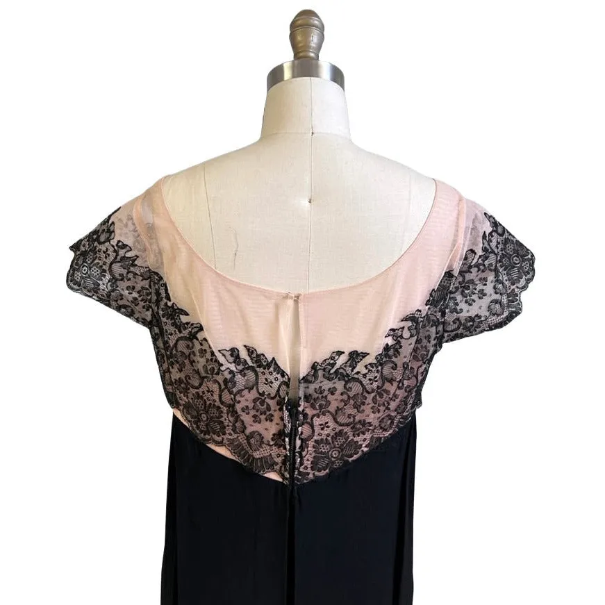 Vintage Black /Pink Rayon & Lace Cocktail Hobble Dress Wiggle Train 1950s 40-30-43