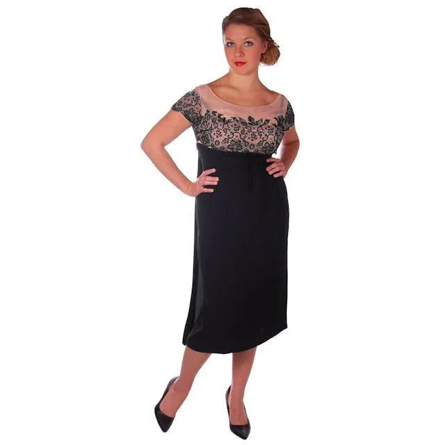 Vintage Black /Pink Rayon & Lace Cocktail Hobble Dress Wiggle Train 1950s 40-30-43