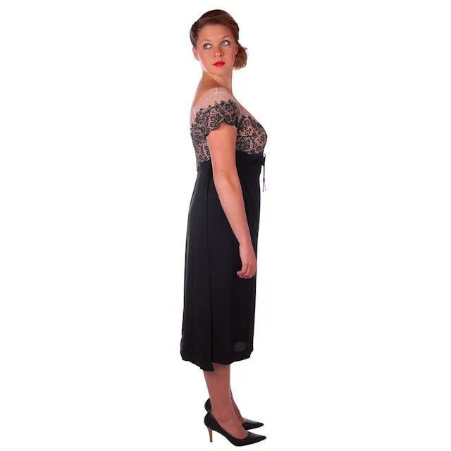 Vintage Black /Pink Rayon & Lace Cocktail Hobble Dress Wiggle Train 1950s 40-30-43