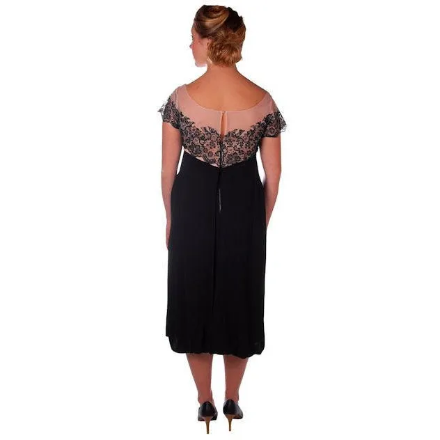 Vintage Black /Pink Rayon & Lace Cocktail Hobble Dress Wiggle Train 1950s 40-30-43