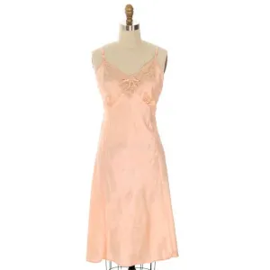 Vintage Full Slip Bias Cut Peach Rayon Satin w/ Lace & Bow Trim Sz 38 1930s Adso
