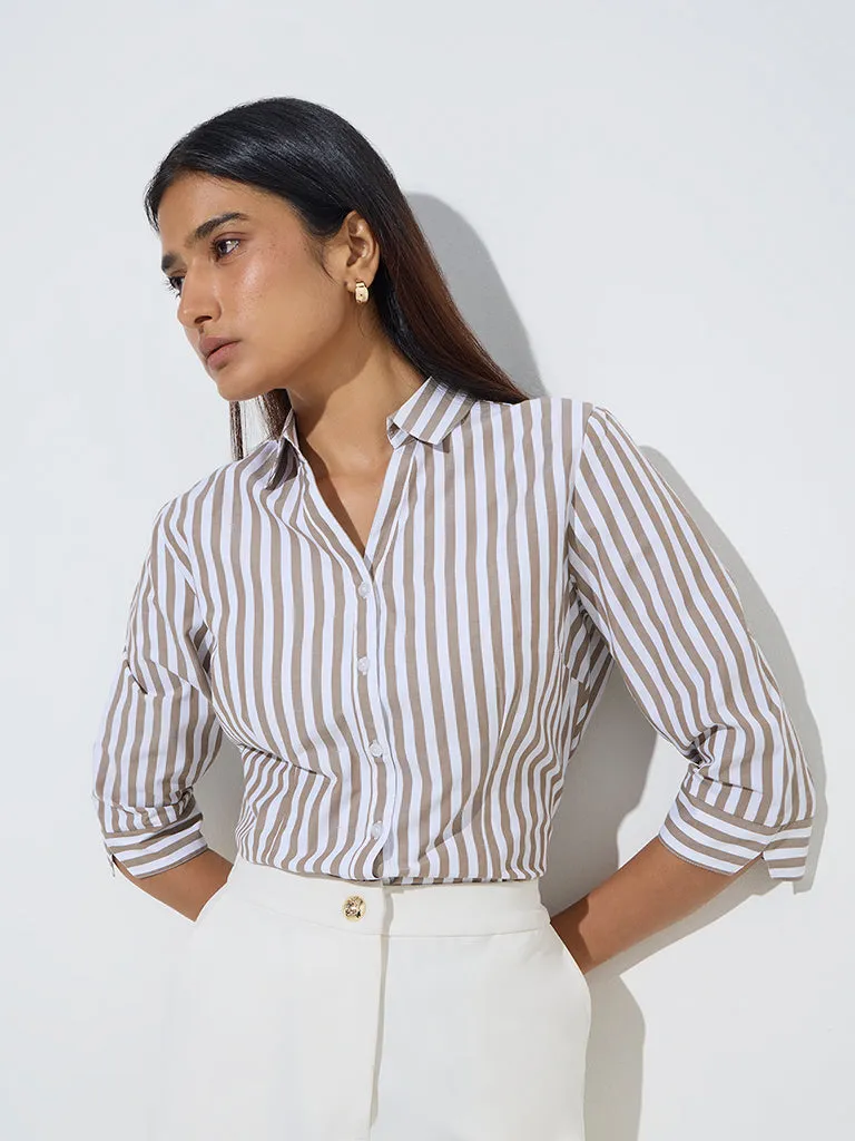 Wardrobe Taupe Stripe Printed Shirt