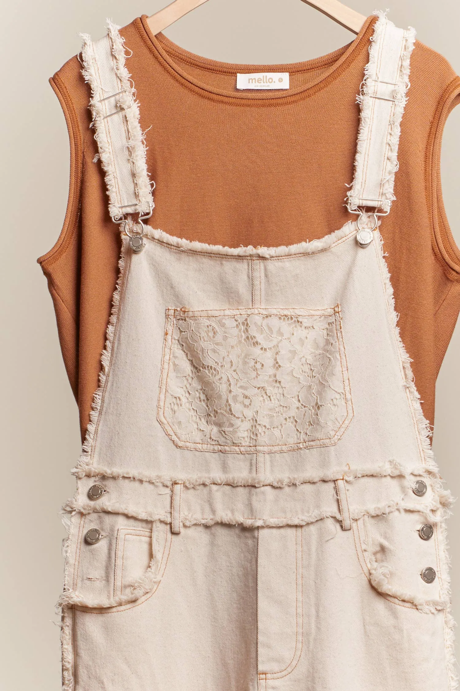 Washed Denim with Crochet Patchwork Mello Overall: Ivory