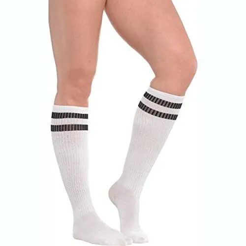 White Knee High Socks with Black Stripes