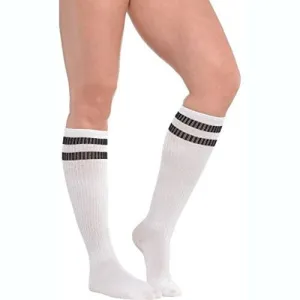 White Knee High Socks with Black Stripes