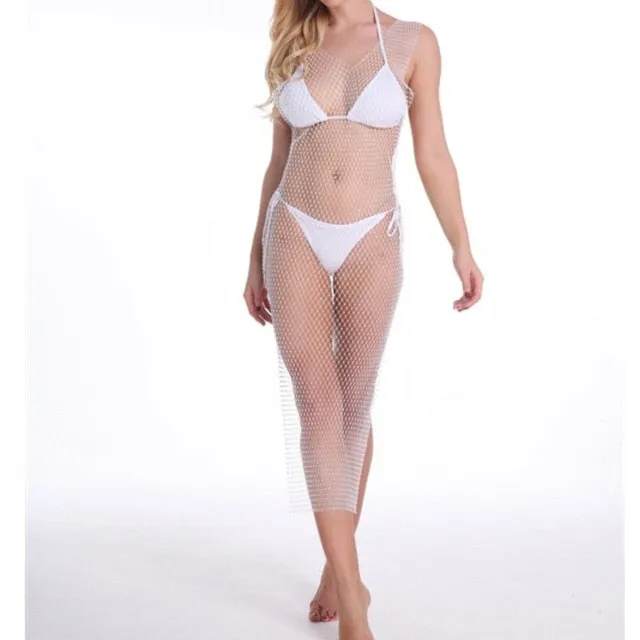 Women Bikini Bling Crystal Cover Up Tops Sexy Fishnet Hollow Out See Through Swimsuit Swimwear Tops Black White