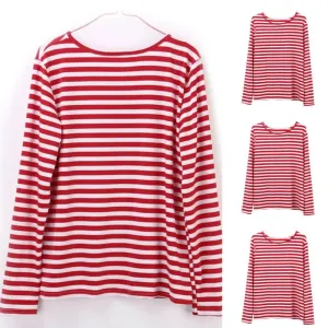 Women girls Red Striped Casual Autumn T-shirt  fashion Loose Long Sleeve Summer Spring Basic Inner Tops