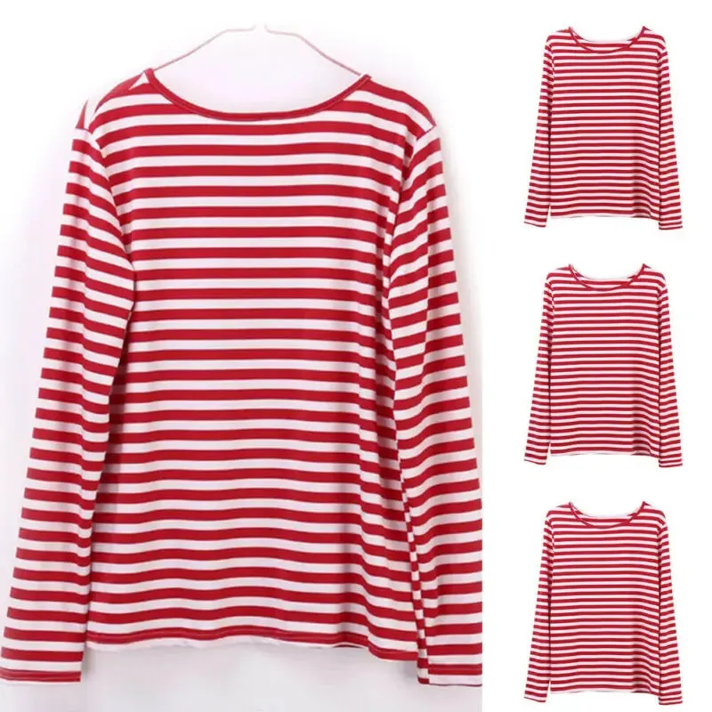 Women girls Red Striped Casual Autumn T-shirt  fashion Loose Long Sleeve Summer Spring Basic Inner Tops