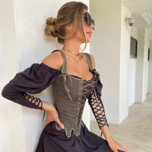 Women Vintage Cut Out Corset Waist Top