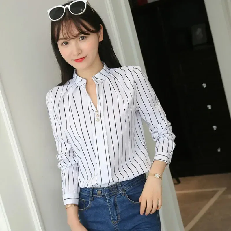 Women White Tops Women's Blouses Fashion Stripe Print Casual Long Sleeve Office Lady Work Shirts Female Slim