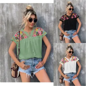 women's chiffon shirt short sleeve t-shirts embroidery patchwork fashion streetwear embroidery