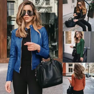 women's fashion solid color patchwork zipper leather jacket small suit