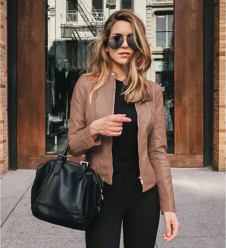 women's fashion solid color patchwork zipper leather jacket small suit