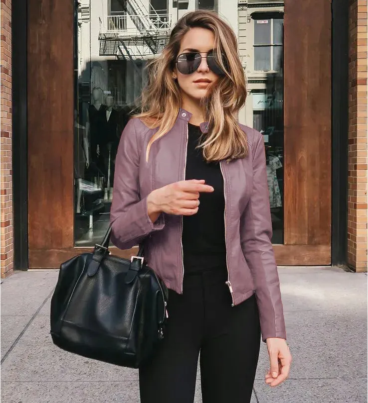 women's fashion solid color patchwork zipper leather jacket small suit