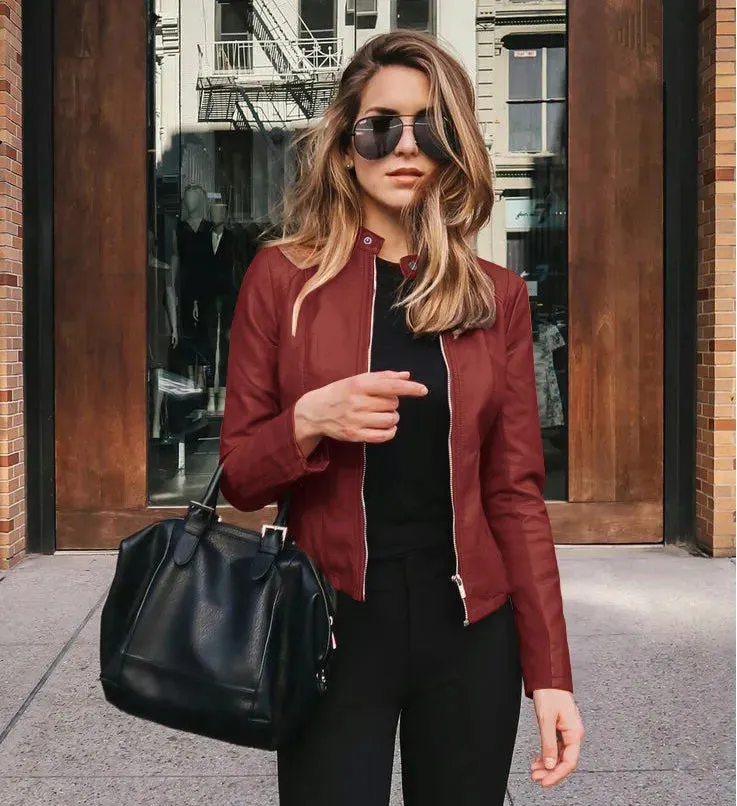 women's fashion solid color patchwork zipper leather jacket small suit