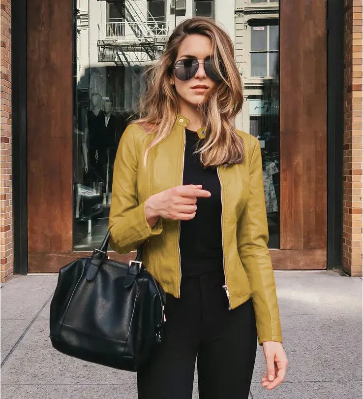 women's fashion solid color patchwork zipper leather jacket small suit