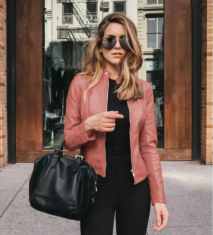 women's fashion solid color patchwork zipper leather jacket small suit