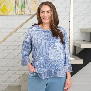 Women's Lacey Floral Patchwork Crew Neck Top - 91454
