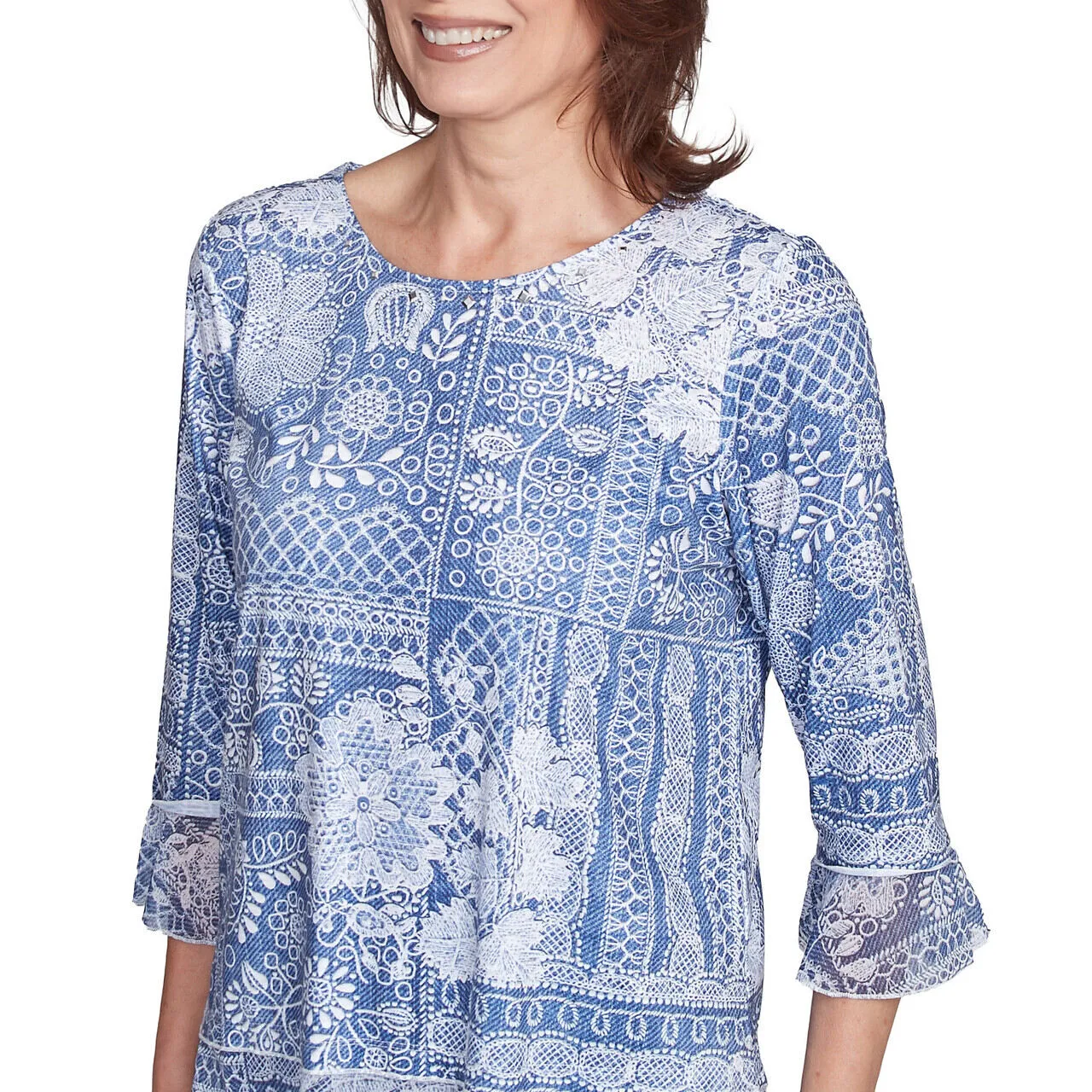 Women's Lacey Floral Patchwork Crew Neck Top - 91454