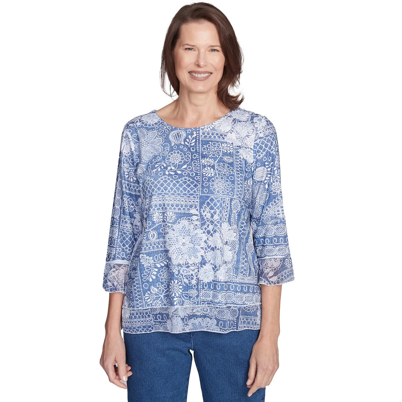 Women's Lacey Floral Patchwork Crew Neck Top - 91454