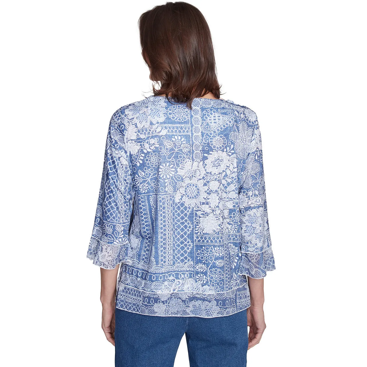 Women's Lacey Floral Patchwork Crew Neck Top - 91454