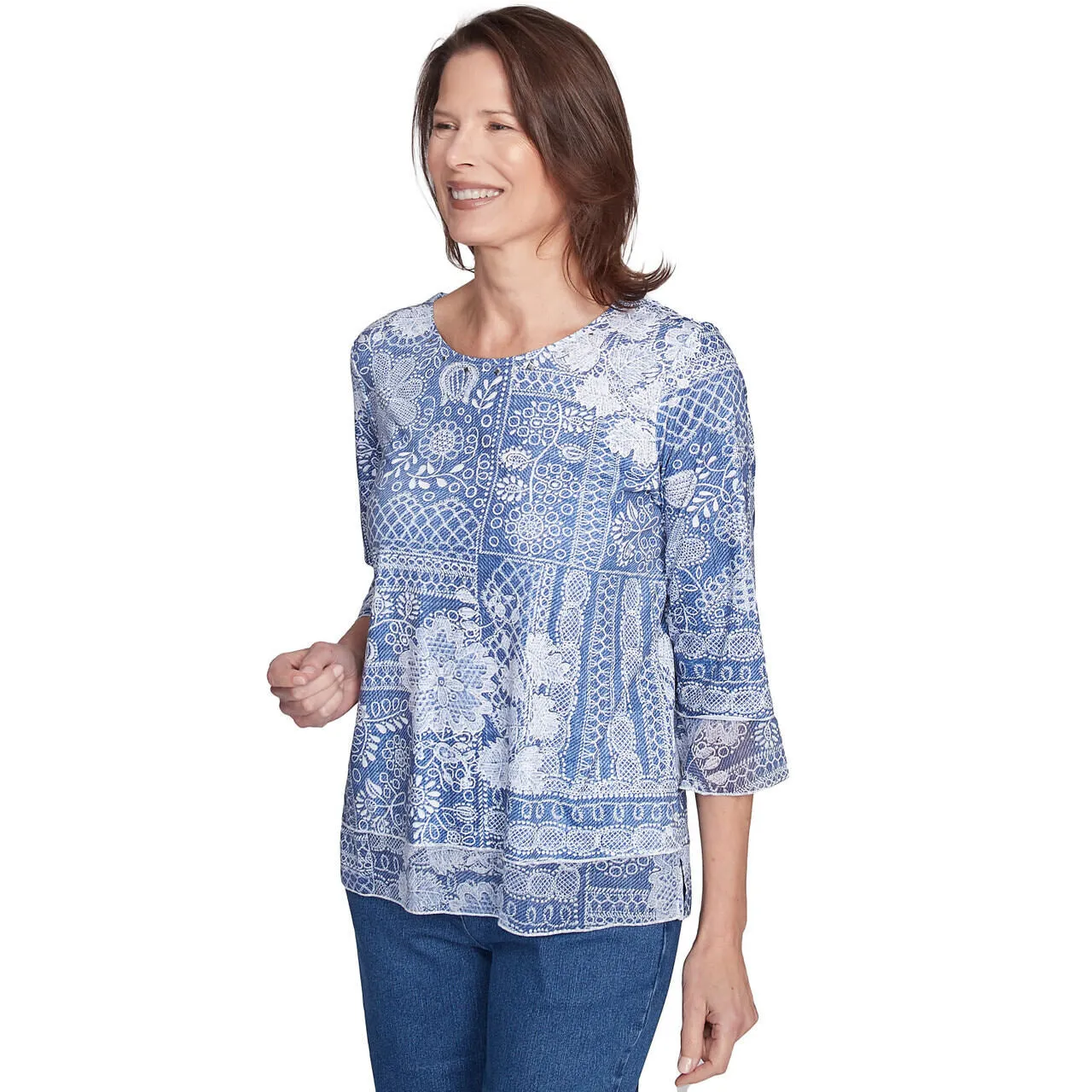 Women's Lacey Floral Patchwork Crew Neck Top - 91454