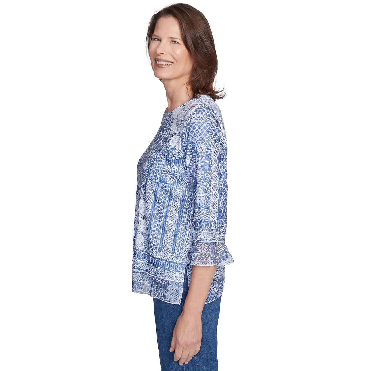 Women's Lacey Floral Patchwork Crew Neck Top - 91454