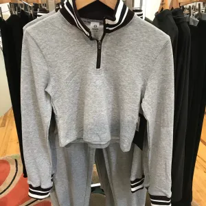 Women's Mono B | Half Zip Striped Crop Jacket | Heather Gray