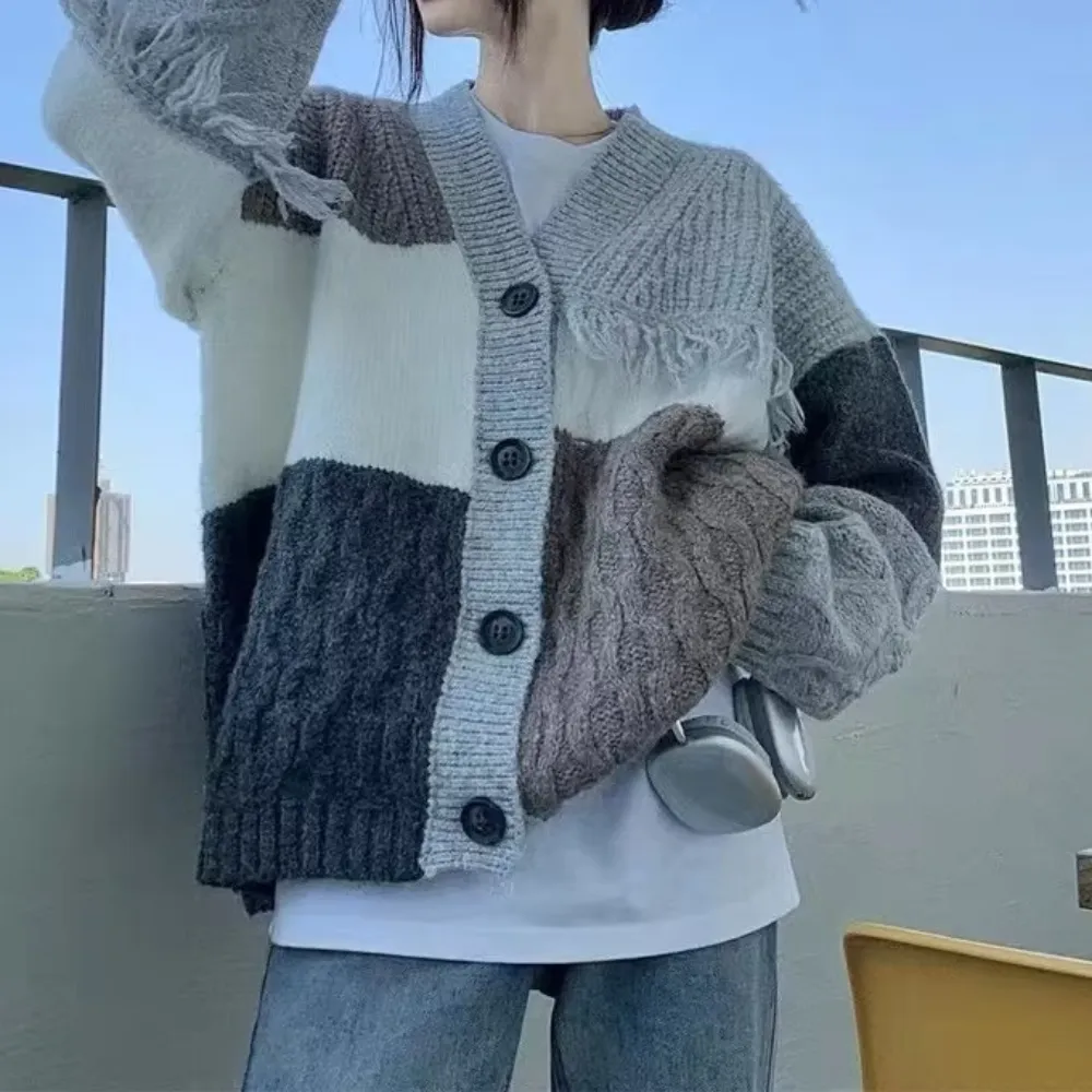 Women's Patchwork Fringed Knitted Cardigan
