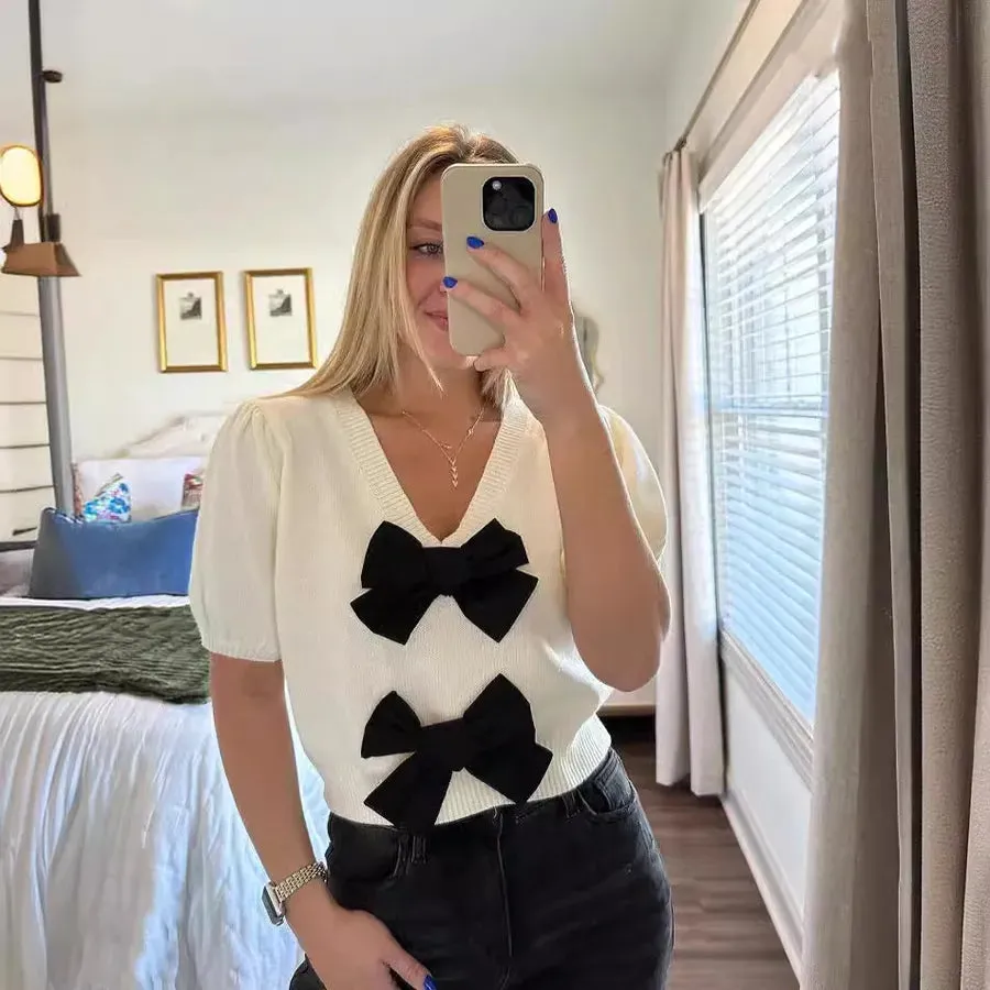 Women's T-shirt Short Sleeve Sweaters & Cardigans Patchwork Bowknot Vacation Bow Knot
