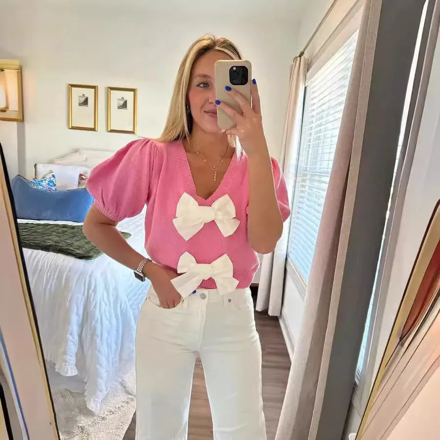 Women's T-shirt Short Sleeve Sweaters & Cardigans Patchwork Bowknot Vacation Bow Knot